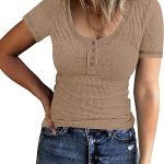 PIIRESO Women's Short Sleeve Button Scoop Neck Ribbed Shirts Summer Casual Solid Color Henley Top